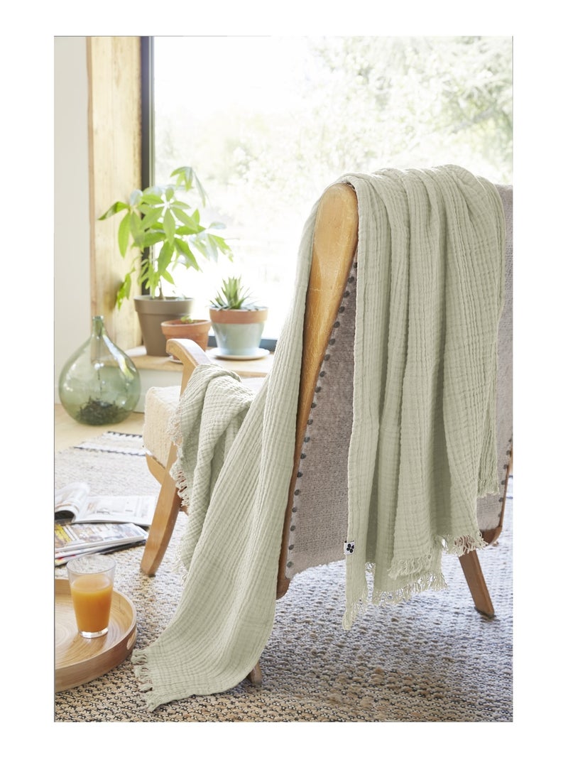 Plaid quadruple gaze de coton 180 x 220 cm Gaia romarin Vert - Kiabi