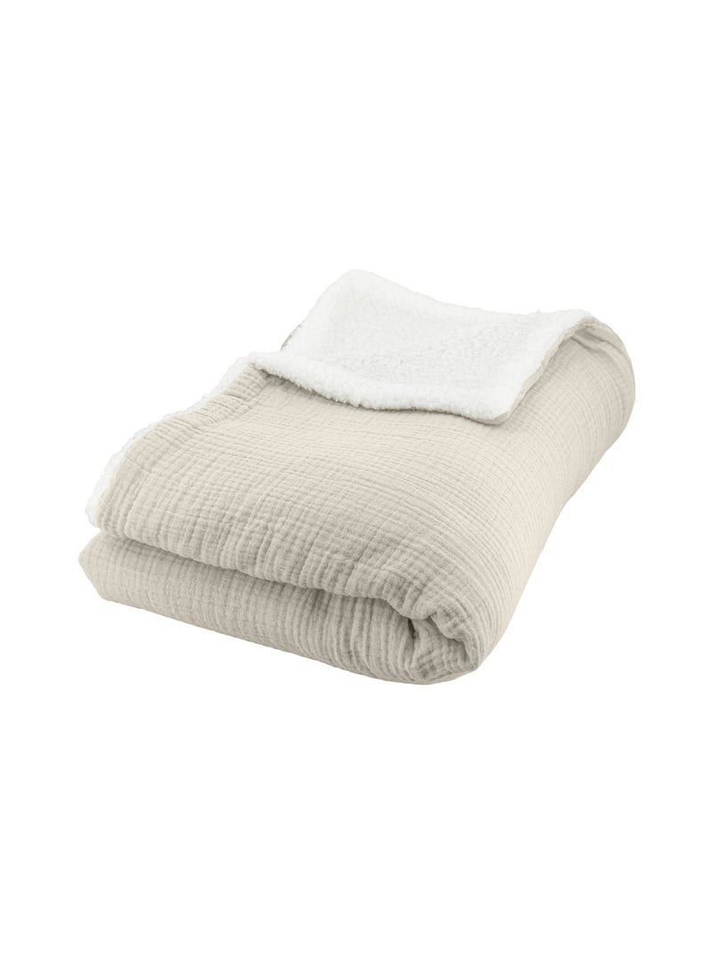 Plaid sherpa et gaze de coton 130 x 170cm Alix Gris Beige - Kiabi
