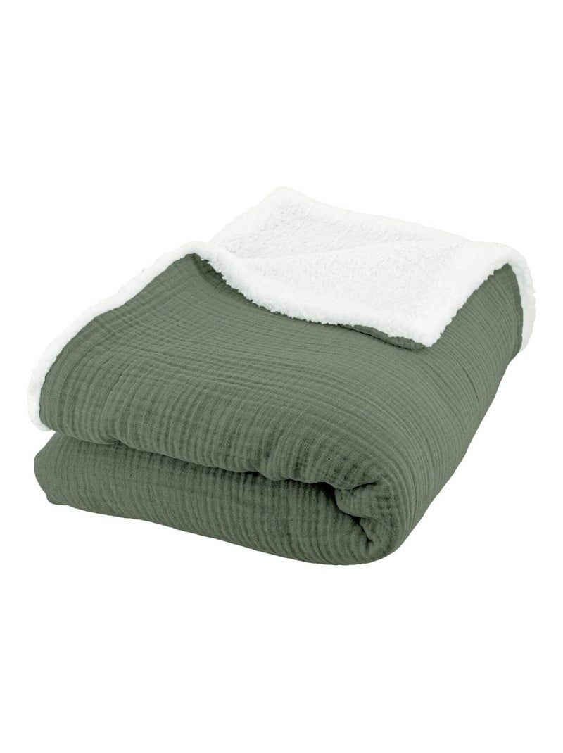 Plaid sherpa et gaze de coton 130 x 170cm Alix Kaki - Kiabi