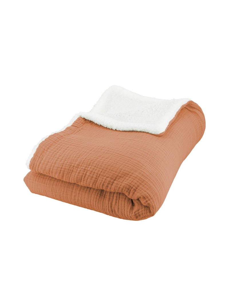 Plaid sherpa et gaze de coton 130 x 170cm Alix Marron caramel - Kiabi