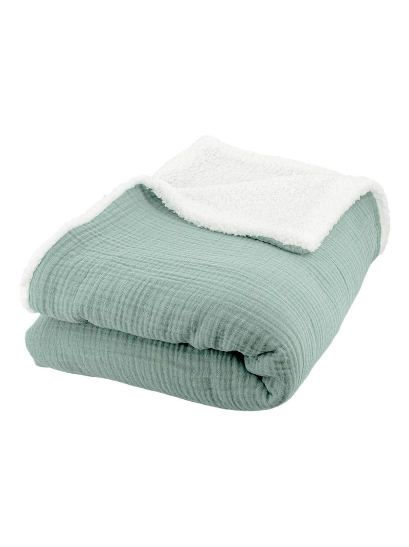 Plaid sherpa et gaze de coton 130 x 170cm Alix Vert clair - Kiabi