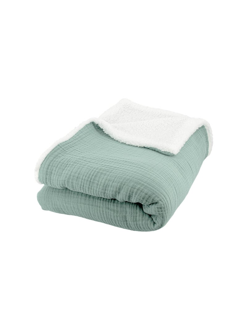 Plaid sherpa et gaze de coton 130 x 170cm Alix Vert clair - Kiabi