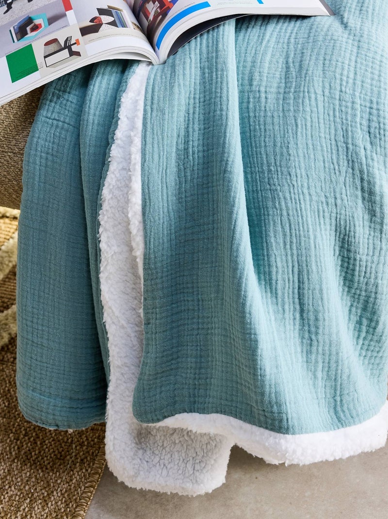 Plaid sherpa et gaze de coton 130 x 170cm Alix Vert clair - Kiabi