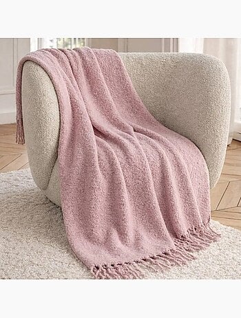 Plaid toucher doux rose à franges 130x170cm