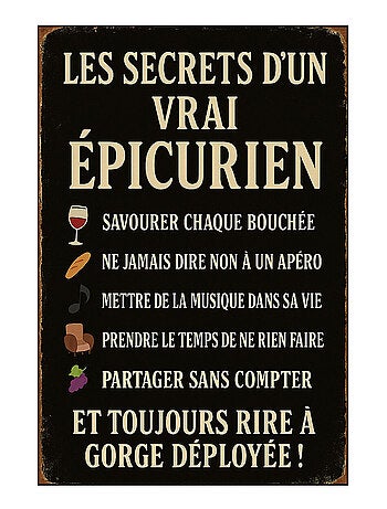 Plaque en métal les secrets d’un vrai épicurien