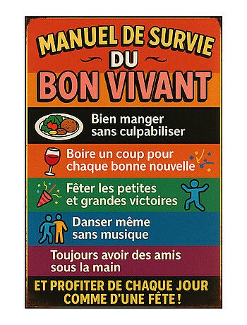 Plaque en métal manuel de survie du bon vivant