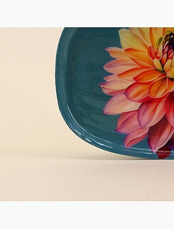 Plateau en métal laqué turquoise fleuri 20x14cm