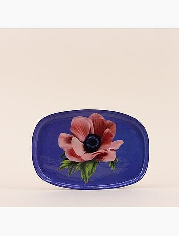 Plateau en métal laqué violet fleuri 20x14cm