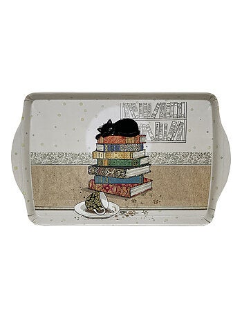 Plateau rectangulaire chaton sur les livres 38 cm