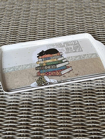Plateau rectangulaire chaton sur les livres 38 cm