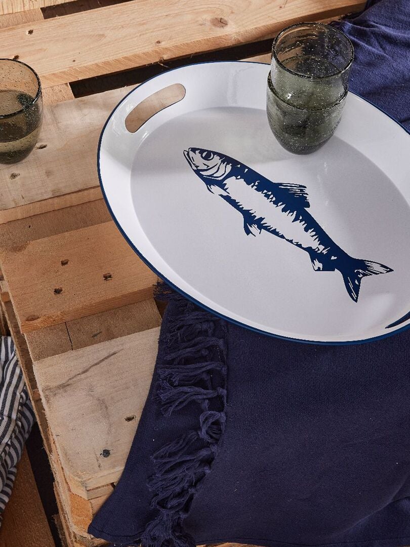Plateau métal blanc Poisson bleu marine French Port