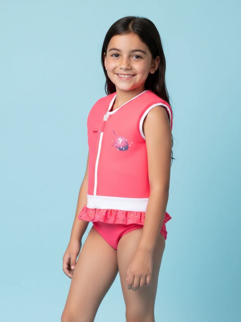 Maillot De Bain Une Pièce Avec Flotteur Pour Fille 4-8 Ans - Manches Courtes Avec Bonnet - Pour Piscine Et Plage
