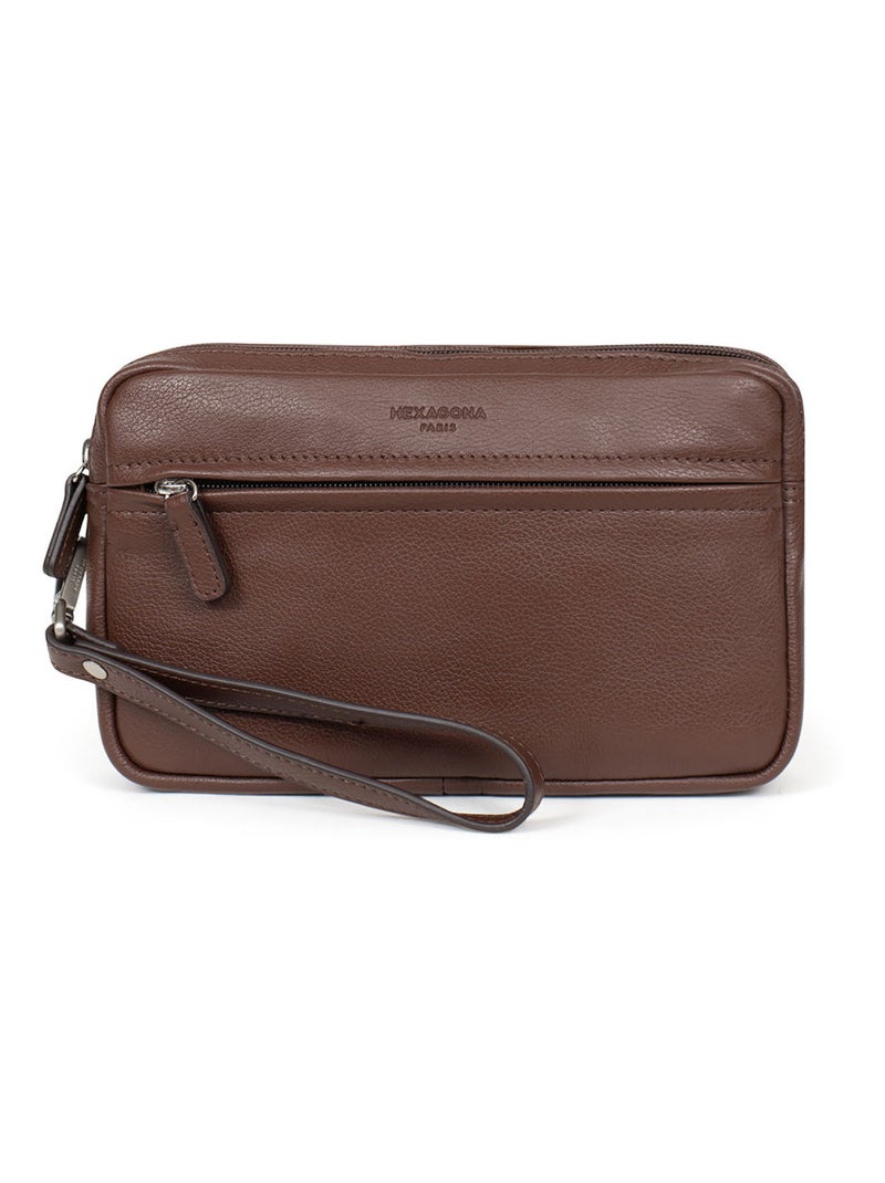 Pochette dragonne  Cuir CONFORT Marron chocolat - Kiabi
