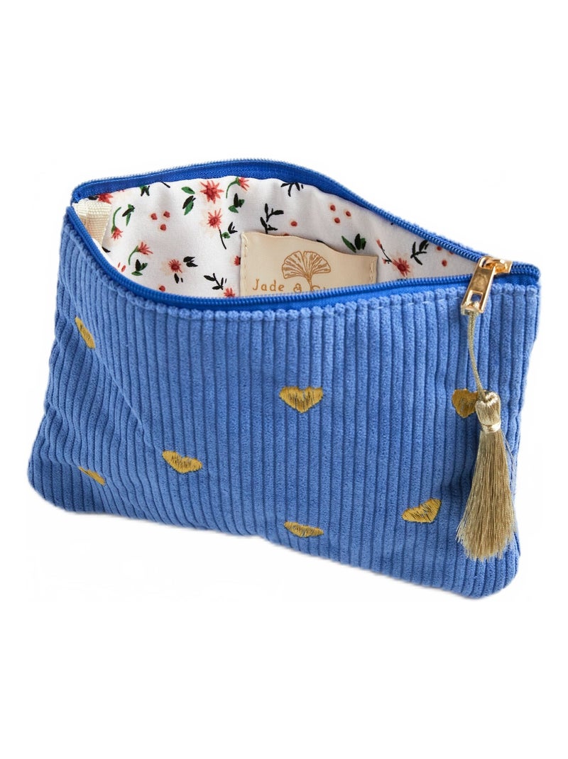 Pochette zippée velours broderies coeurs Bleu - Kiabi