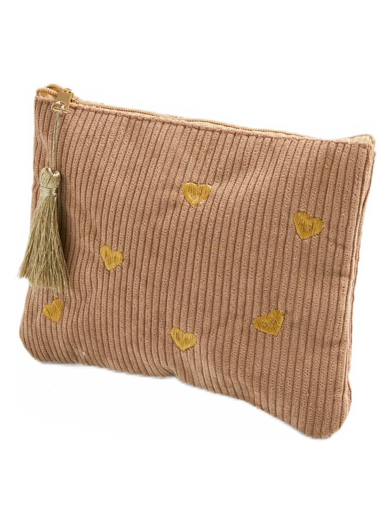 Pochette zippée velours broderies coeurs Camel - Kiabi