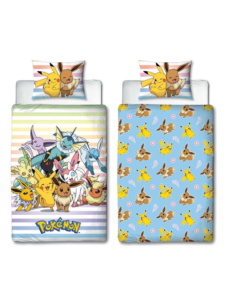 Pokémon, Parure de Lit Enfant Imprimée Réversible, PIKACHU ET EVOLI Bleu - Kiabi