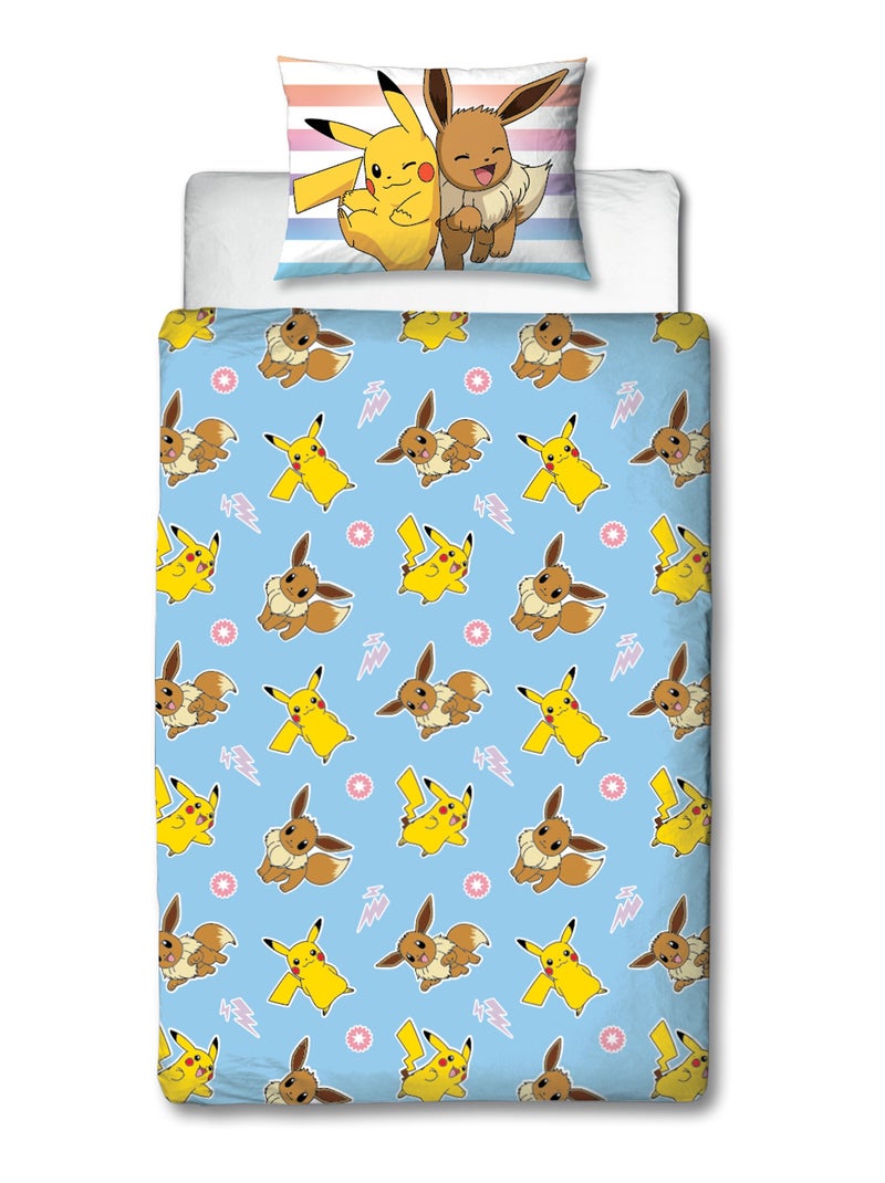 Pokémon, Parure de Lit Enfant Imprimée Réversible, PIKACHU ET EVOLI Bleu - Kiabi