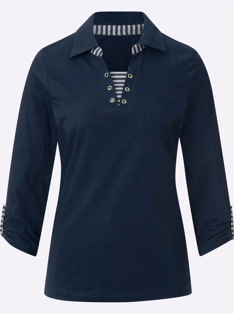 Polo à col boutonné et rayures visibles sur encolure - taille standard - witt Bleu marine - Kiabi