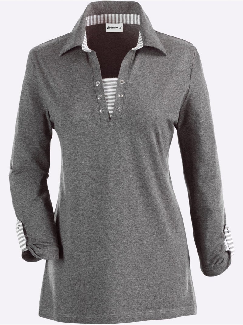 Polo à col et manches longues avec boutons - taille standard - witt Gris chiné - Kiabi