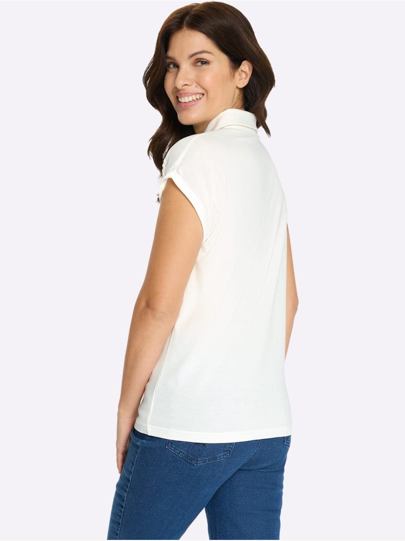 Polo à col v avec bordure en dentelle et manches courtes - taille standard - moda vilona Ecru - Kiabi