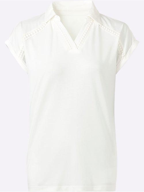 Polo à col v avec bordure en dentelle et manches courtes - taille standard - moda vilona - Kiabi