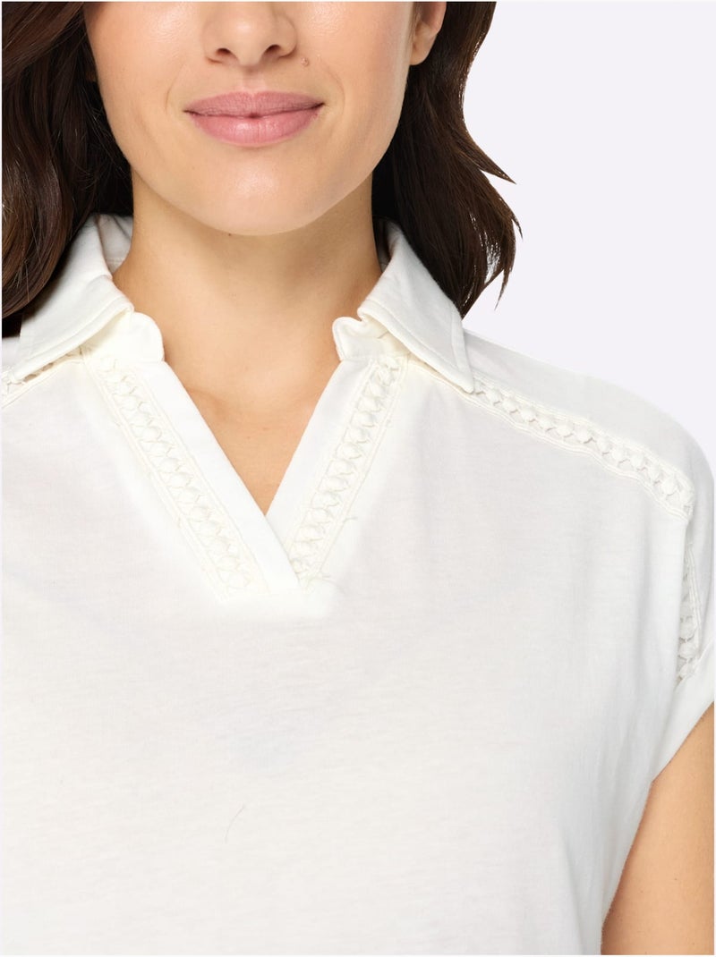Polo à col v avec bordure en dentelle et manches courtes - taille standard - moda vilona Ecru - Kiabi