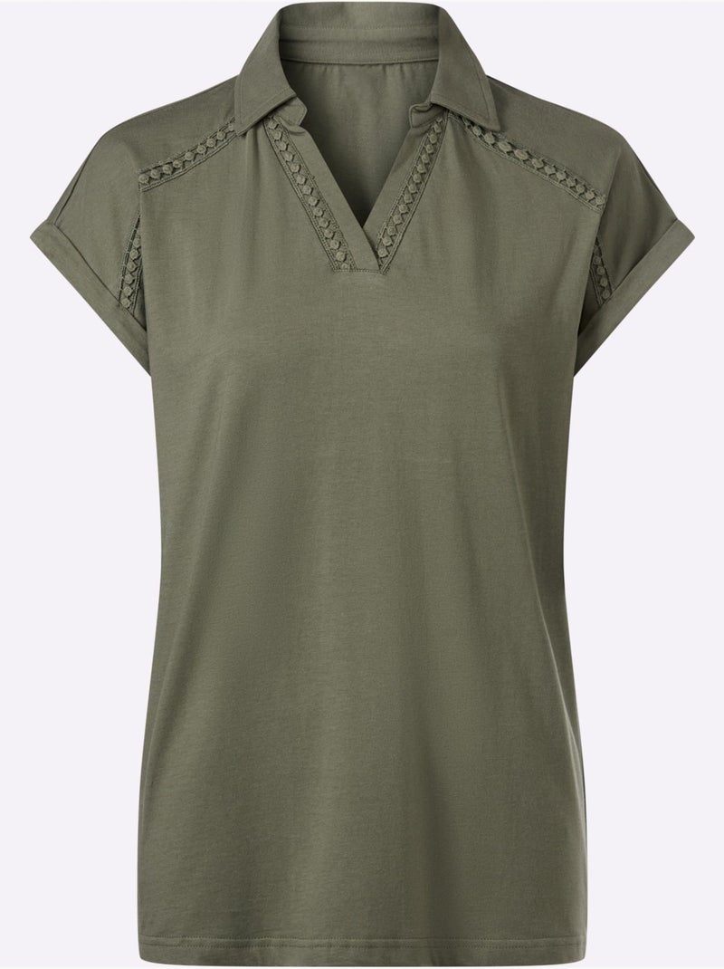 Polo à col v avec bordure en dentelle et manches courtes - taille standard - moda vilona Kaki - Kiabi