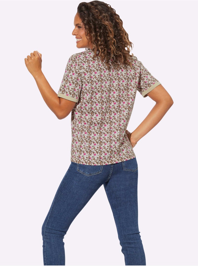 Polo à imprimé floral avec col polo et manches courtes en pur coton - Taille standard - Witt Sable - Kiabi