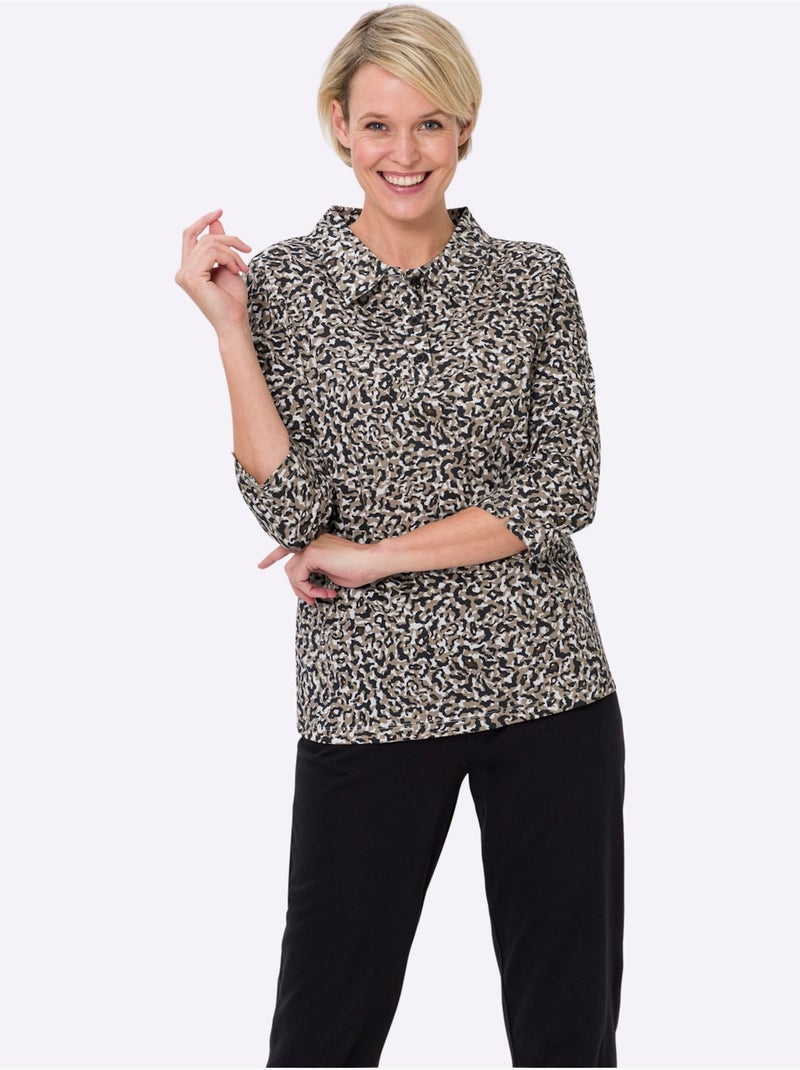 Polo à Manches 3/4 Col Polo Sportif - Taille Standard - Moda Vilona Noir Marron - Kiabi
