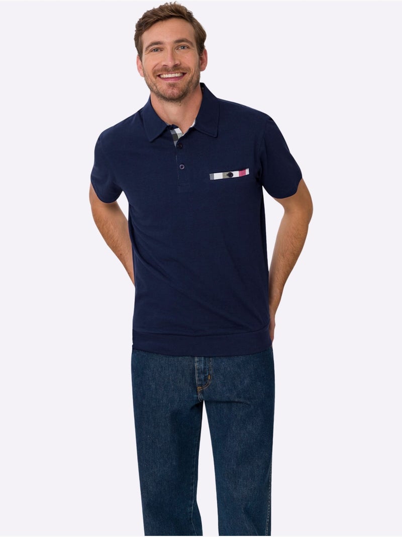 Polo à Manches Courtes Empiècements En Carreaux Tissés - Taille Standard - Moda Vilona Bleu marine - Kiabi