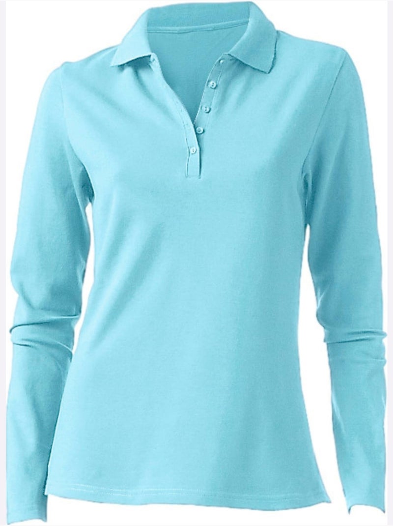 Polo à Manches Longues - Taille Standard - Helline Turquoise - Kiabi
