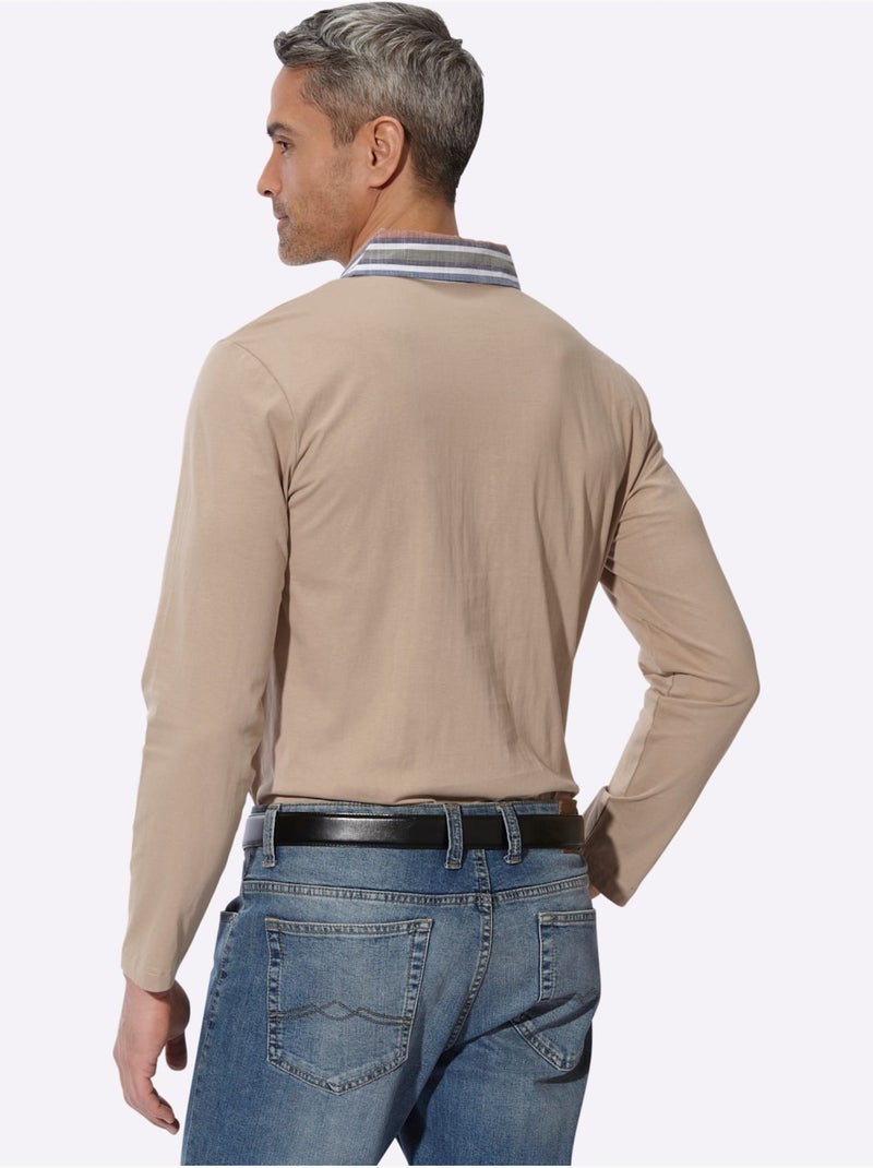 Polo à Manches Longues Col Chemise Tissé - Taille Standard - Moda Vilona Beige - Kiabi