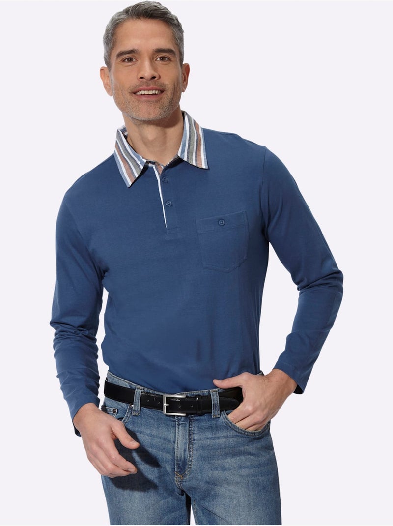 Polo à Manches Longues Col Chemise Tissé - Taille Standard - Moda Vilona Bleu jean - Kiabi