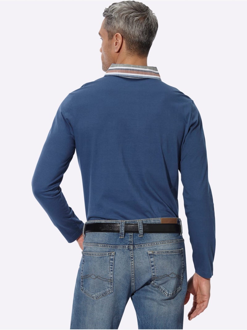 Polo à Manches Longues Col Chemise Tissé - Taille Standard - Moda Vilona Bleu jean - Kiabi