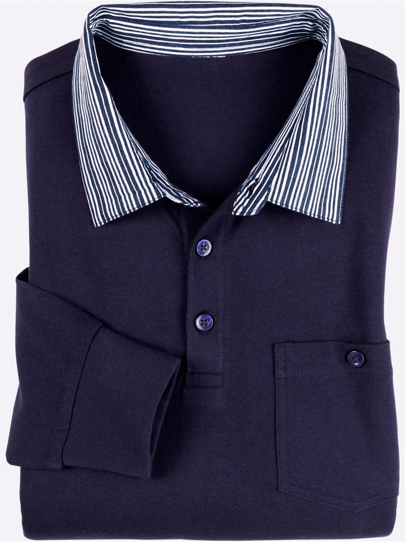 Polo à manches longues col chemise tissé - taille standard - moda vilona Bleu marine - Kiabi
