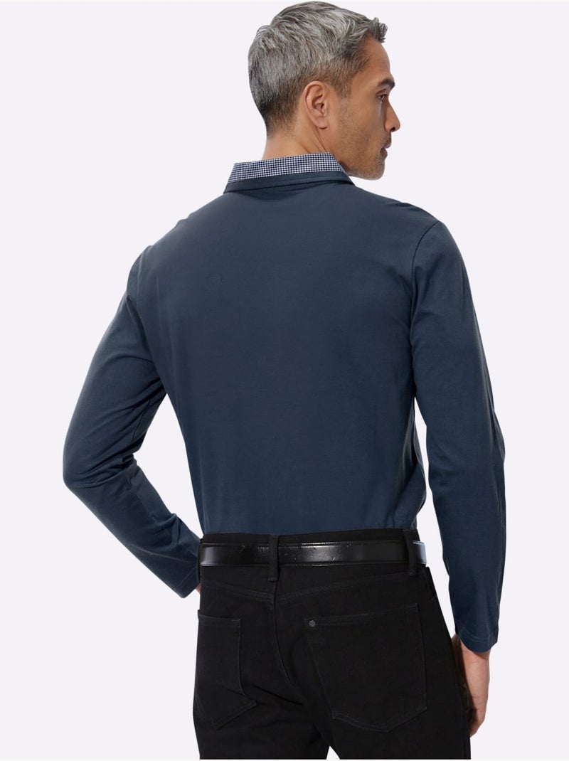 Polo à manches longues empiècements en carreaux tissés - taille standard - moda vilona Bleu foncé - Kiabi