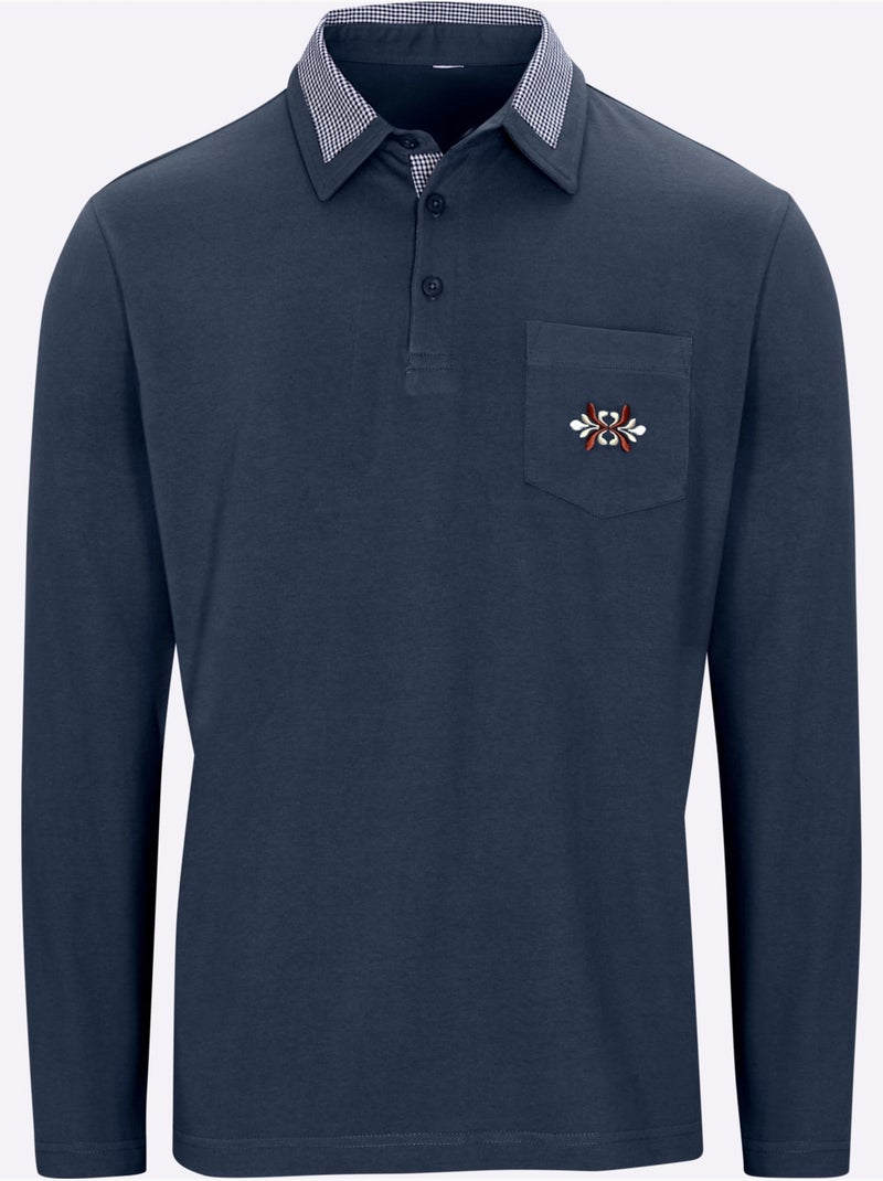 Polo à manches longues empiècements en carreaux tissés - taille standard - moda vilona Bleu foncé - Kiabi