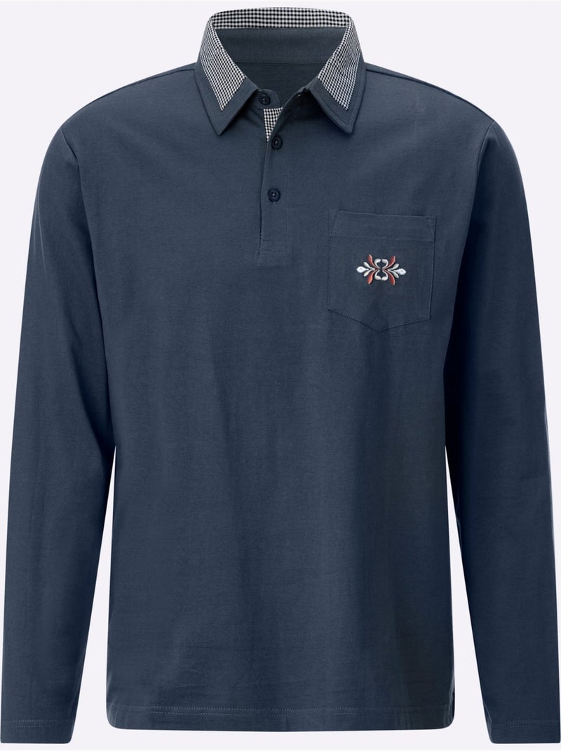 Polo à manches longues empiècements en carreaux tissés - taille standard - moda vilona Bleu foncé - Kiabi