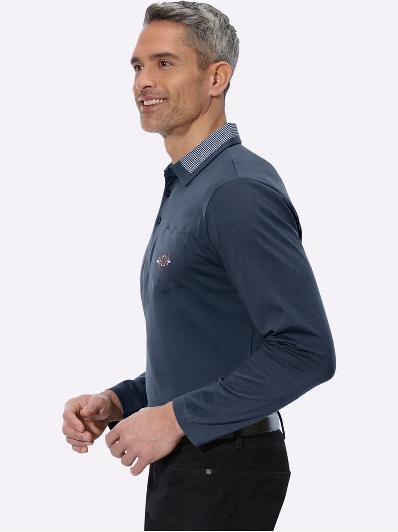 Polo à manches longues empiècements en carreaux tissés - taille standard - moda vilona Bleu foncé - Kiabi