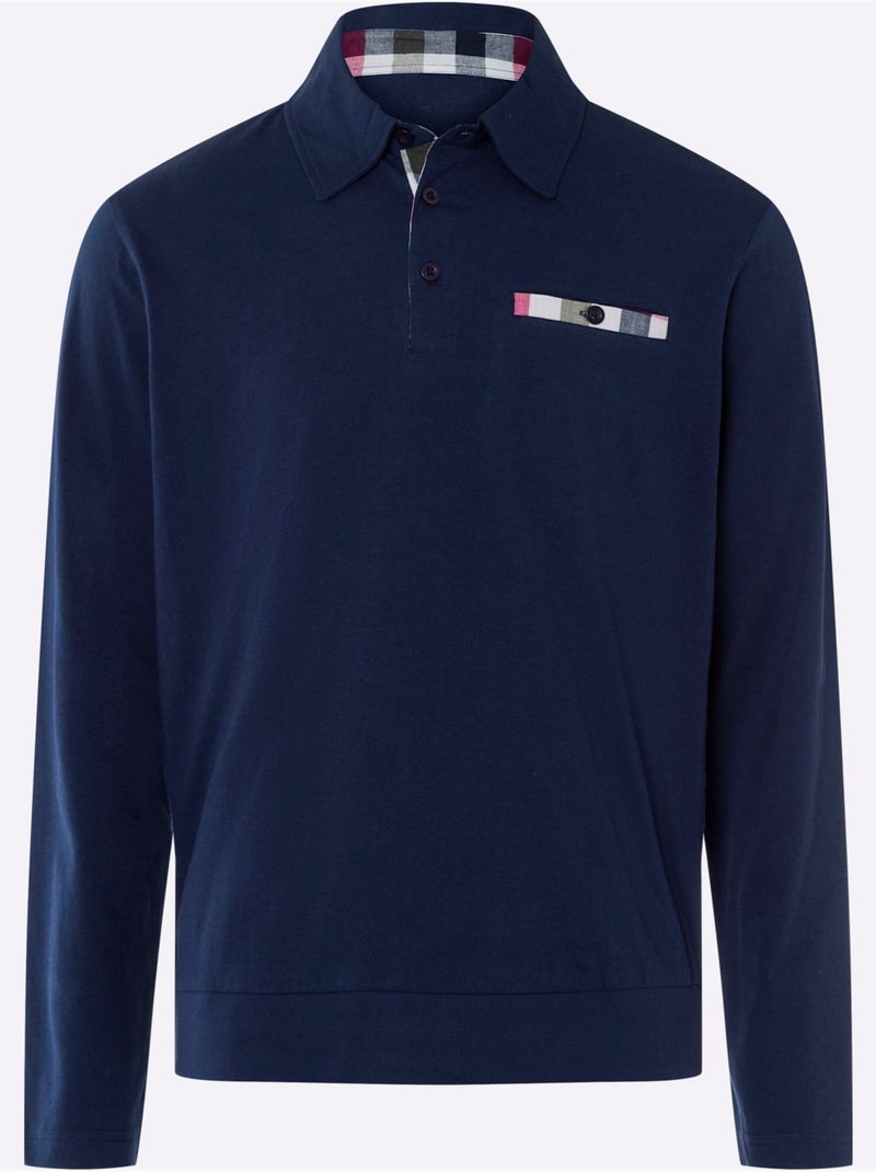 Polo à Manches Longues Empiècements En Carreaux Tissés - Taille Standard - Moda Vilona Bleu marine - Kiabi