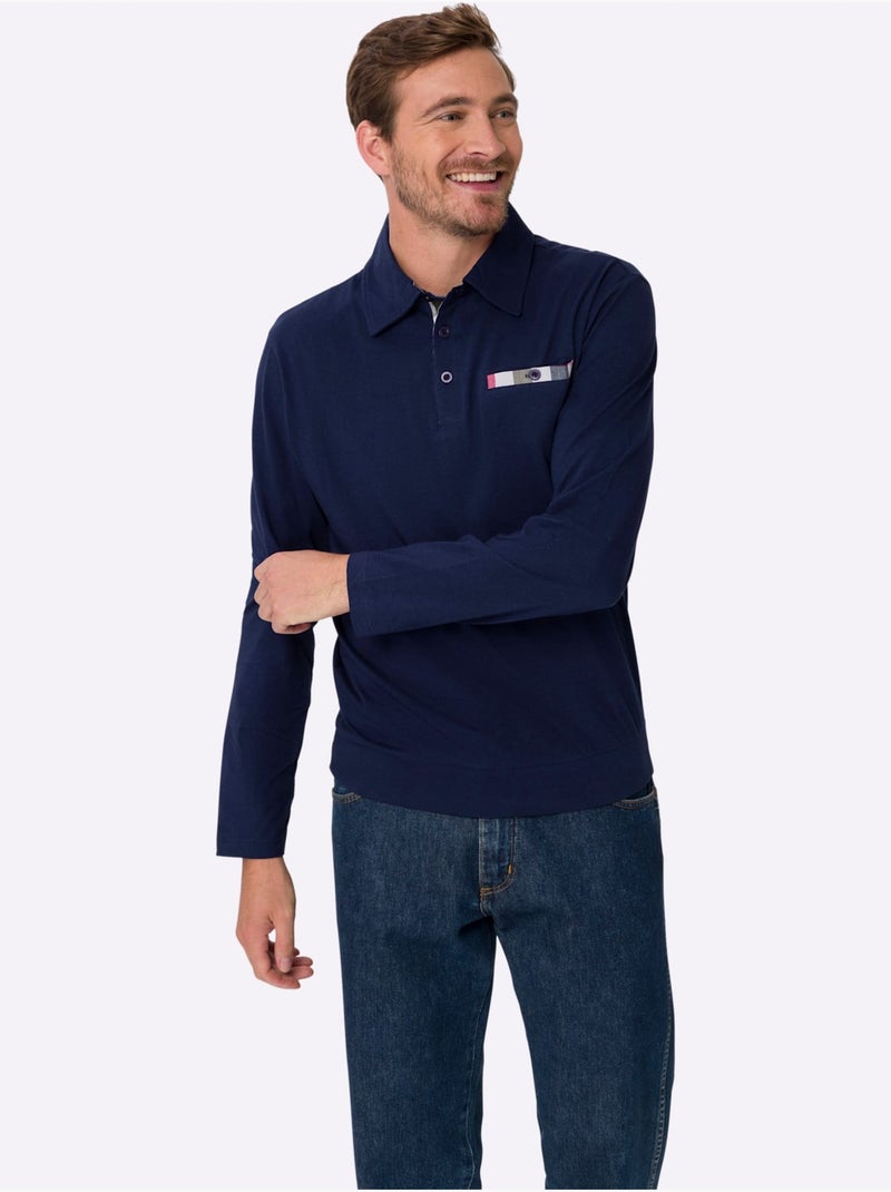 Polo à Manches Longues Empiècements En Carreaux Tissés - Taille Standard - Moda Vilona Bleu marine - Kiabi