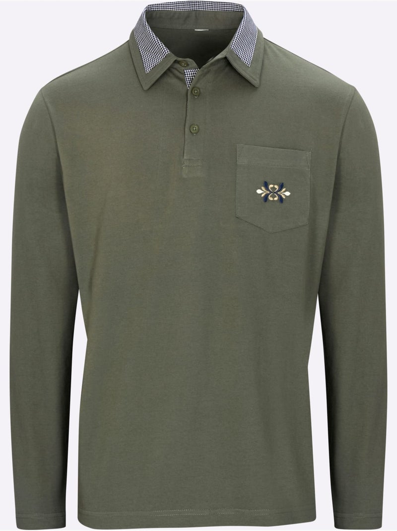 Polo à manches longues empiècements en carreaux tissés - taille standard - moda vilona Kaki - Kiabi