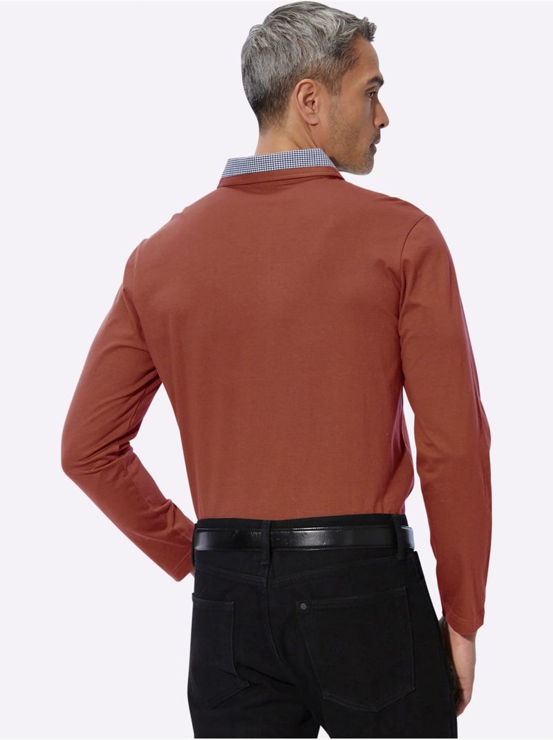 Polo à manches longues empiècements en carreaux tissés - taille standard - moda vilona Marron - Kiabi