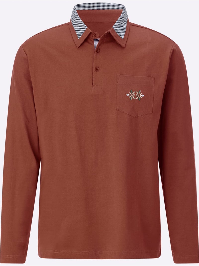 Polo à manches longues empiècements en carreaux tissés - taille standard - moda vilona Marron - Kiabi