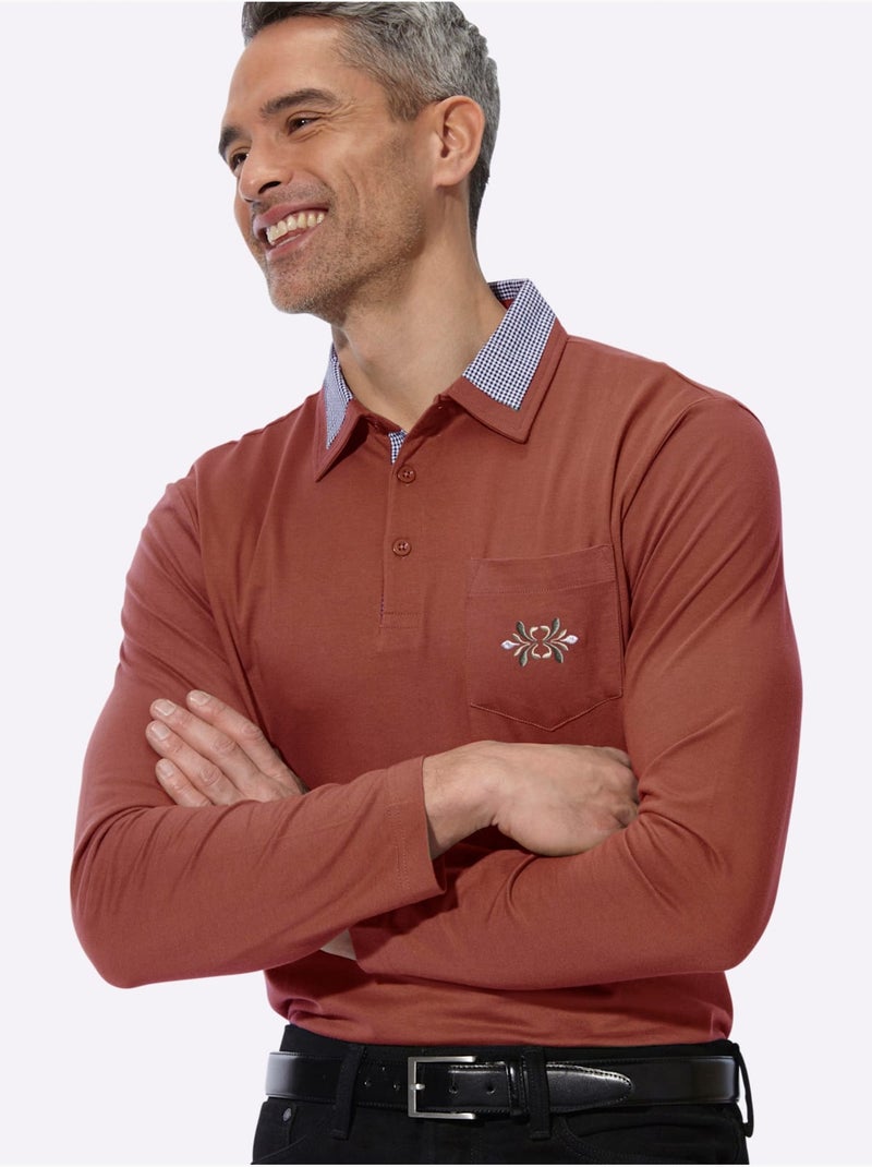 Polo à manches longues empiècements en carreaux tissés - taille standard - moda vilona Marron - Kiabi