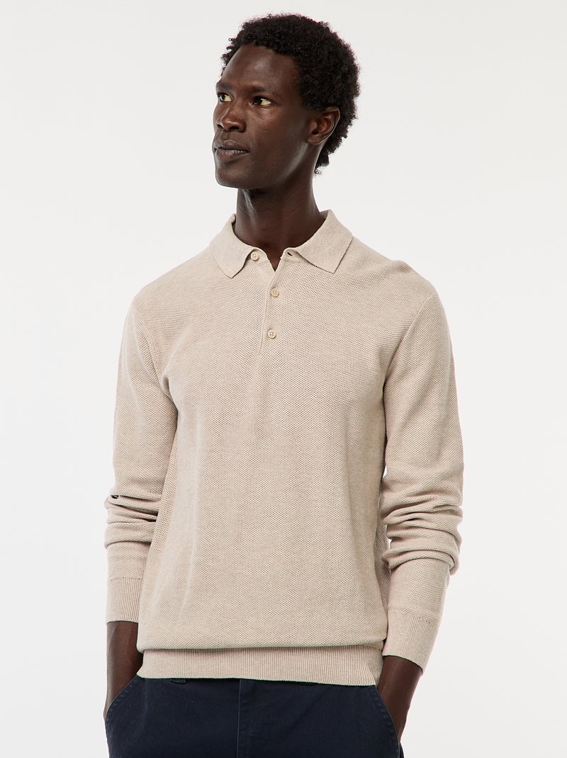 Polo à manches longues en maille fantaisie Beige - Kiabi