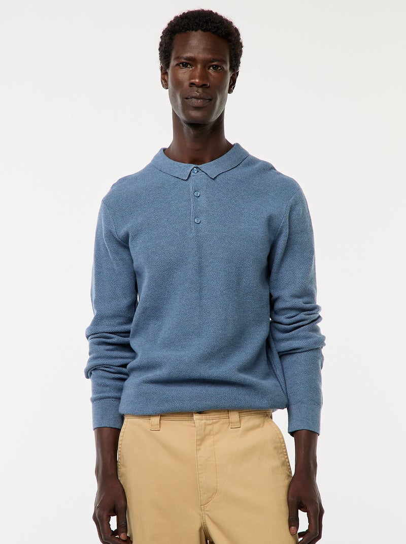 Polo à manches longues en maille fantaisie Bleu - Kiabi
