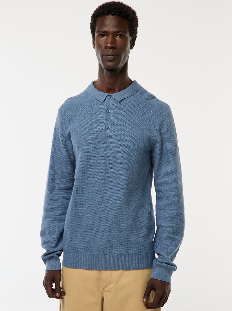 Polo à manches longues en maille fantaisie Bleu - Kiabi