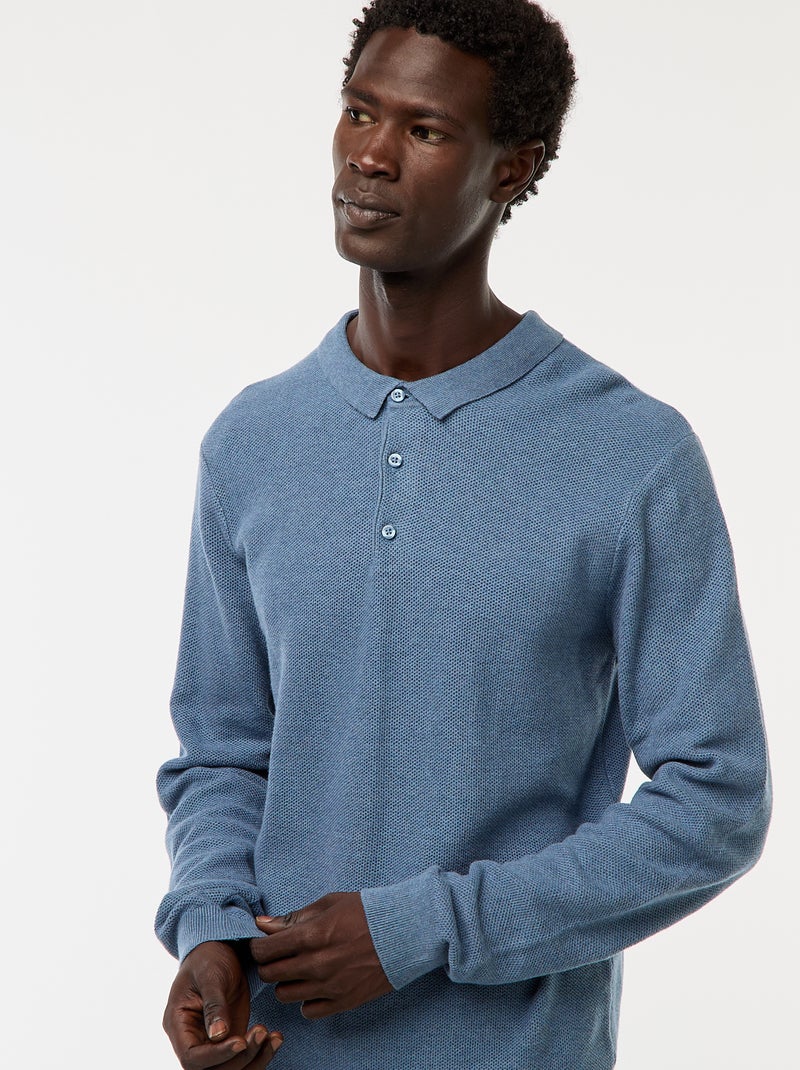 Polo à manches longues en maille fantaisie Bleu - Kiabi