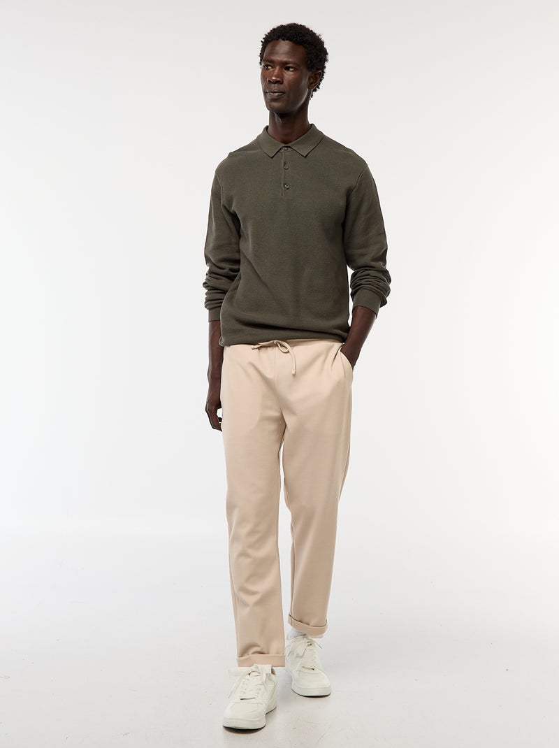 Polo à manches longues en maille fantaisie Kaki - Kiabi